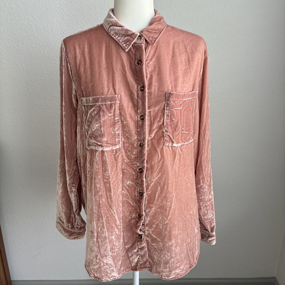 Maeve By Anthropologie Pink Velvet Shirt Size 14 Classic Collar Long Sleeve